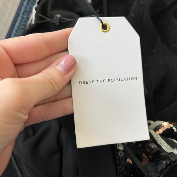 NWT Dress The Population Kady Sequin Block Print Tiered Dress in Black Multi Sml - Picture 11 of 15